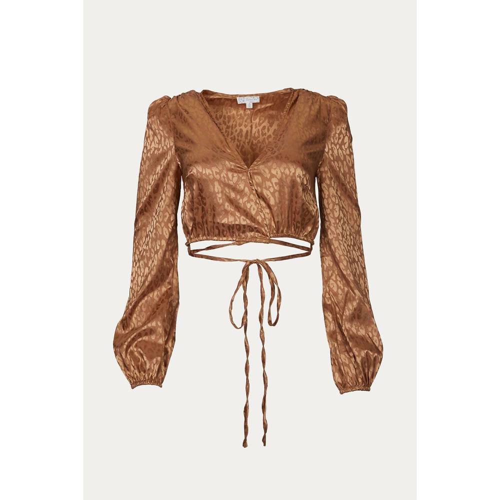 NEW ENDLESS BLU. cropped satin-jacquard wrap top in spice